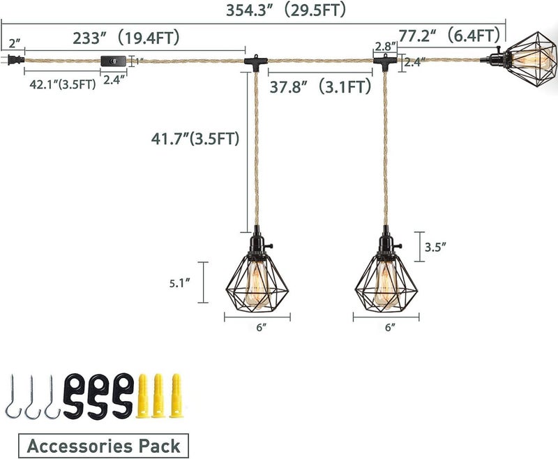 KENMI 3-Light Hanging Light with Plug in Cord,Plug in Pendant Light 22ft Hemp Rope Pendant Lighting Vintage 3-Light Hanging Lamp Fixtures for Kitchen Island Living Room Bedroom - Image 5
